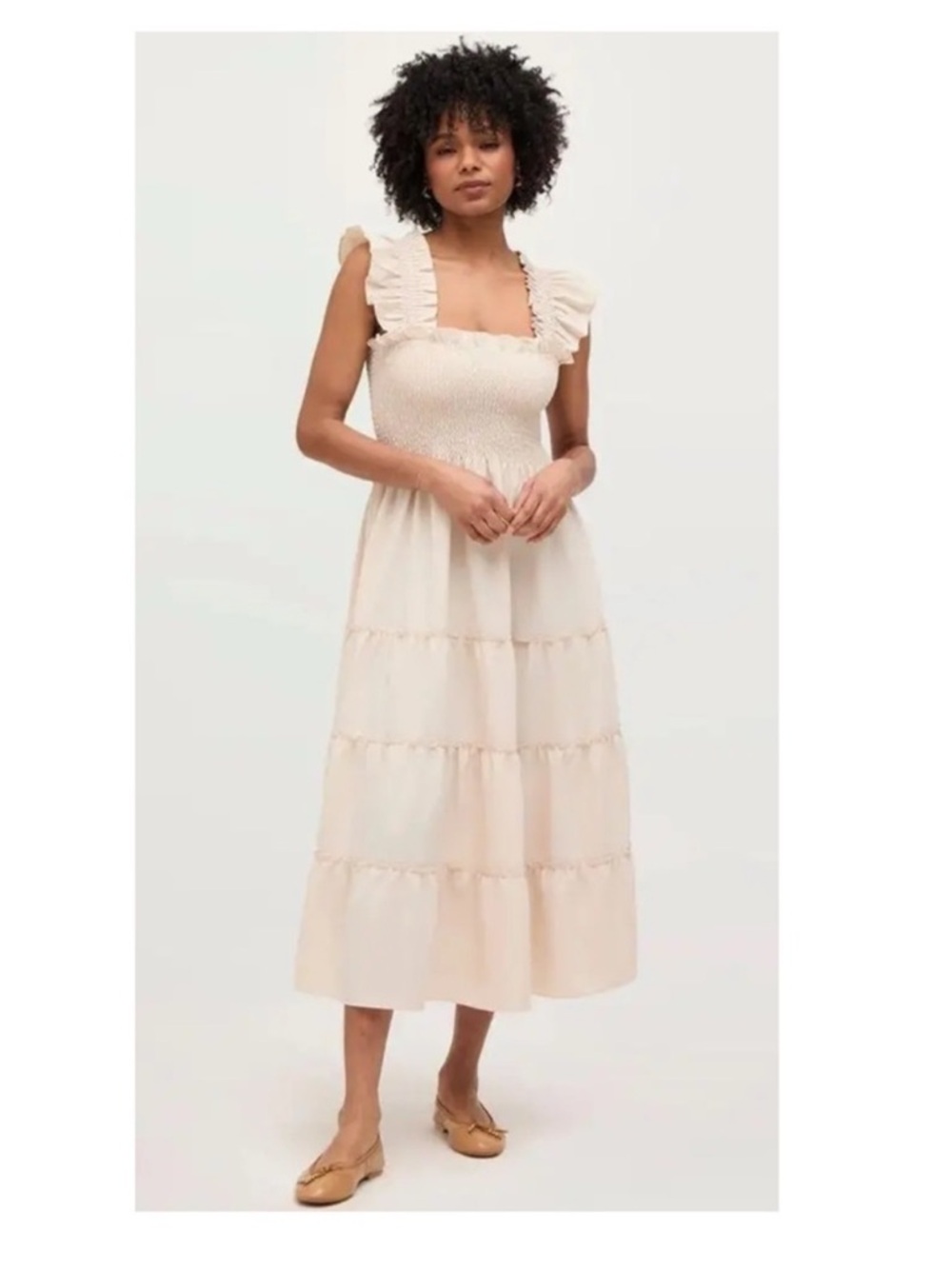 New! HILL HOUSE Ellie Smocked Nap Midi Dress in Cream Nude